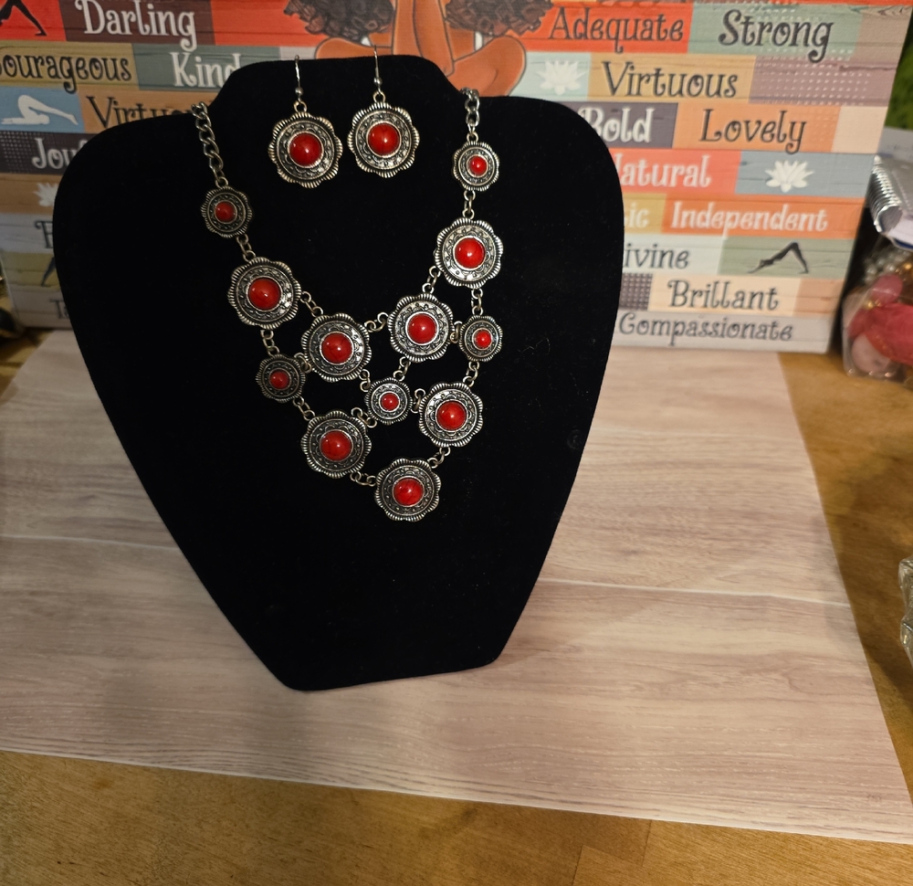 Red Statement Necklace and Earrings Set - Women Jewelry